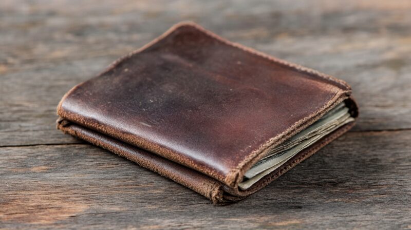 A well-used leather wallet with cash peeking out, resting on a rustic wooden surface